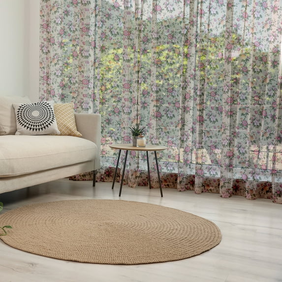 Flower Tulle Curtains with Rod Pocket, Floral Pattern with Roses Twig Warm Colors Flower Arrangement Bouquets, Sheer Drape for Wedding Party 2 Panels, 7 Sizes, Tan Pink Dark Green, by Ambesonne