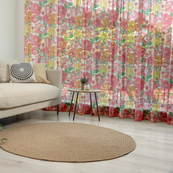 Flower Tulle Curtains with Rod Pocket, Watercolor Styled Effect Floral Theme Flowers and Leaves Pattern Art, Sheer Drape for Wedding Party 2 Panels, 7 Sizes, Red and Orange, by Ambesonne