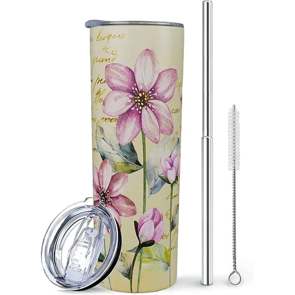 Flower Tumbler, Purple Floral Tumble, Cute Floral Tumbler with Straw and Lid, Unique Birthday Gifts for Women, Friends Female, Teenage Girls, Girlfriend - Flower Pretty Coffee Travel Mug, Cup