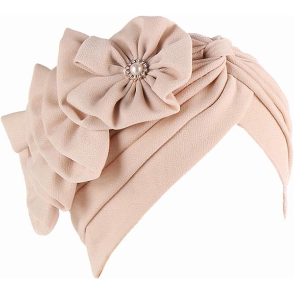 Flower Turban Hats for Women - Ruffle Bead Stretch Solid Caps Chemo Cancer Pre Tied Headscarf Headwear