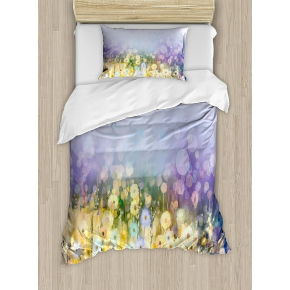 Flower Twin Size Duvet Cover Set, Chamomile and Dandelion Field Meadow Landscape in Contrasting Colors Idyllic View, Decorative 2 Piece Bedding Set with 1 Pillow Sham, Yellow Purple, by Ambesonne