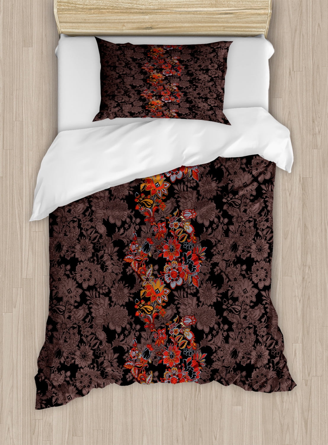 Twin Black and Orange Floral Microfiber Duvet Cover Set