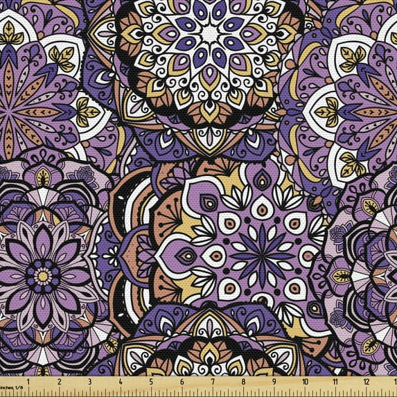 Ambesonne Flower Fabric by the Yard Upholstery, Arabic Lace Geometric Shapes, 2 Yards, Sand Brown White Purple