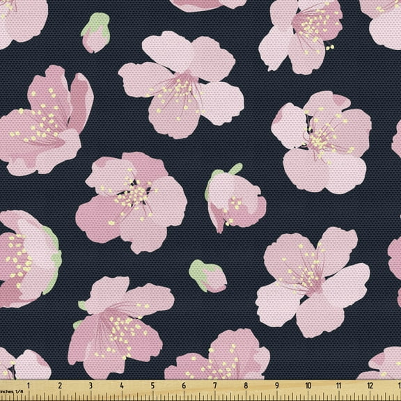 Ambesonne Flower Fabric by the Yard Upholstery, Doodle of Sakura Flora, 3 Yards, Night Blue Pale Pink