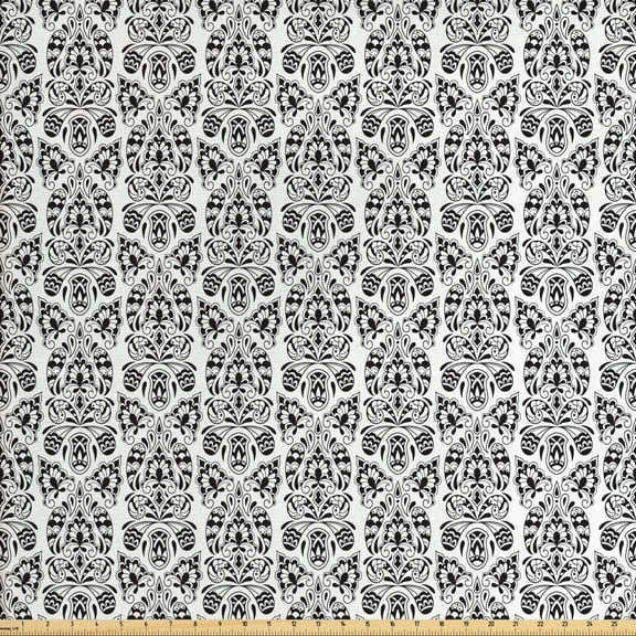 Ambesonne Flower Fabric by the Yard Upholstery, Floral Paisley Oriental, 10 Yards, Black White