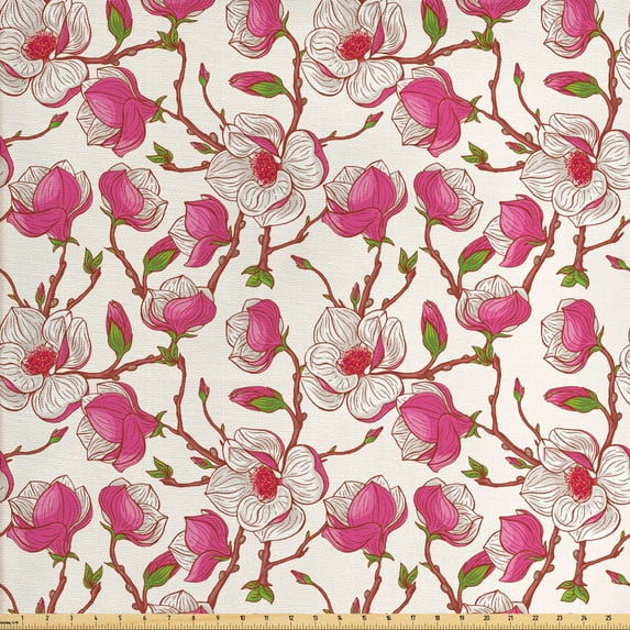 Ambesonne Flower Fabric by the Yard Upholstery, Pink Magnolia Garden, 2 Yards, Pink White Green