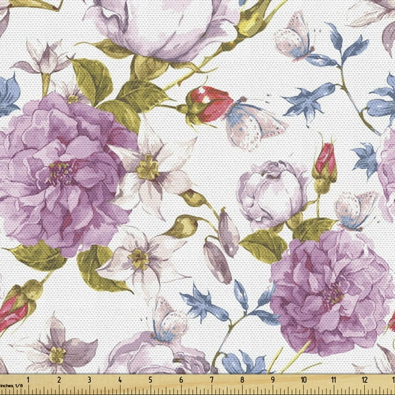 Ambesonne Flower Fabric by the Yard Upholstery, Retro Nature in Pastel Tones, 5 Yards, Multicolor