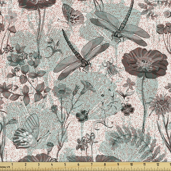 Ambesonne Flower Fabric by the Yard Upholstery, Blossoms and Dragonflies, 1 Yard, Multicolor