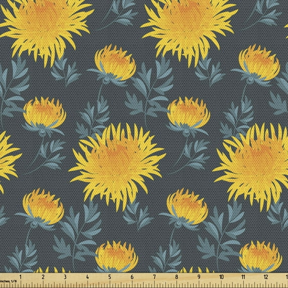 Flower Upholstery Fabric by the Yard, Yellow Chrysanthemum Blossoms on Dark Backdrop Natural Ornament, Decorative Fabric for DIY and Home Accents, Charcoal Grey Orange by Ambesonne