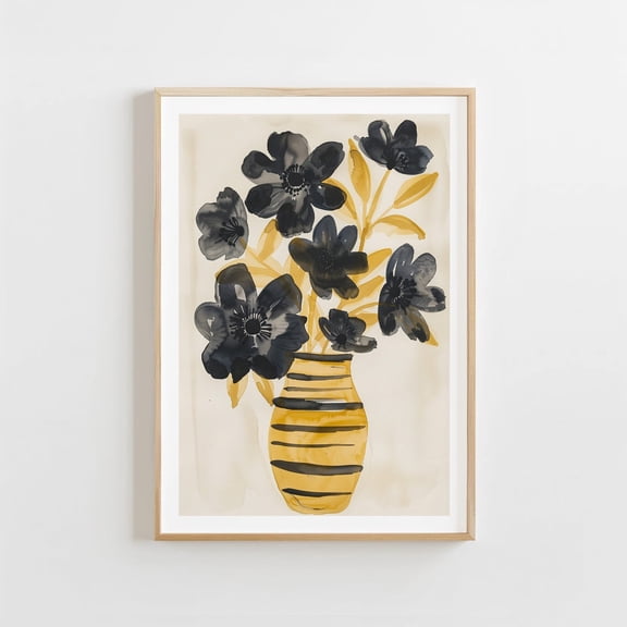 Flower Vase Beige Art, Neutral Yellow Blackabstract Botanical, Floral Illustration Botanical Print Wall Art, Modern Wall Decor, 8x12 UNFRAMED
