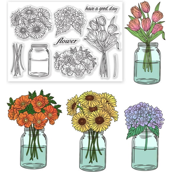 Flower and Vase Clear Stamps Sunflower Tulip Silicone Stamps Corn Poppy Hydrangea Transparent Rubber Seal Stamps for Card Making DIY Scrapbooking Crafting Decoration