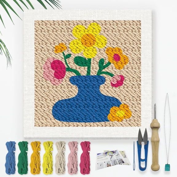 Flower Vase DIY Punch Needle Embroidery Kit for Adult Beginner 9.4" Flower Punch Stitching Craft Set for Starter with Frame Fabric Pattern Threader Yarn Pinch Needle colorful