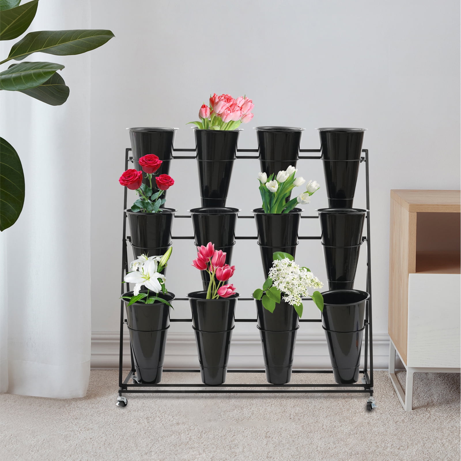 Flower Vase Display Rack 3 Tiers with 12 Buckets & Wheels Flower ...