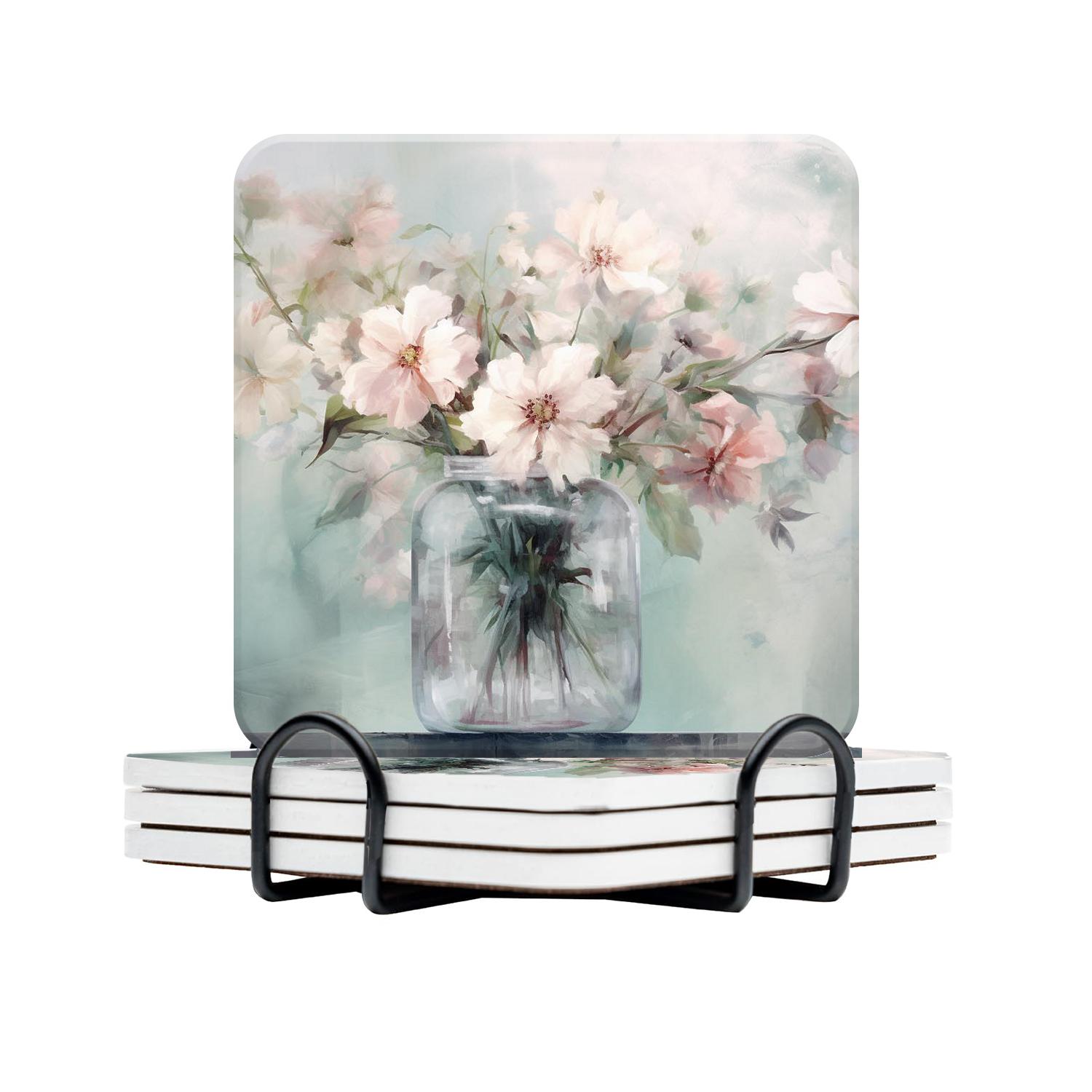 Flower Vase Exquisite Drink Coasters with Holder,NonSlip Coasters Set