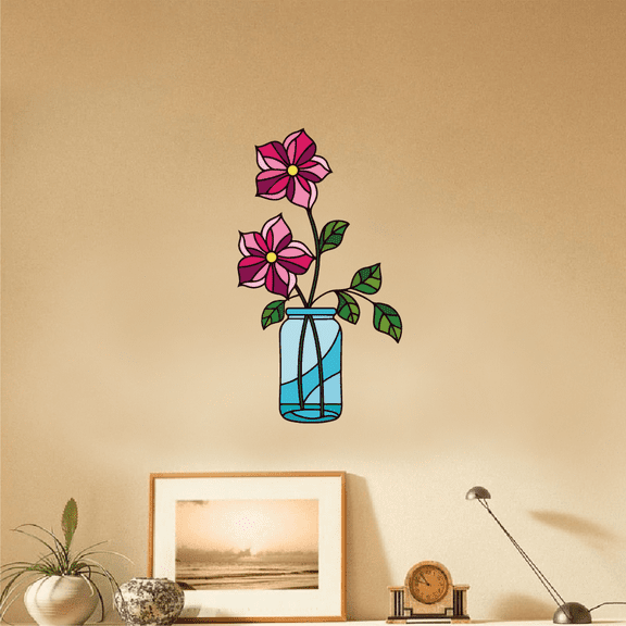 Flower Vase Flowers Plants Vinyl Stained Glass Film Static Cling Window Waterproof Decal for Girls Boys Kids Room Bedroom Nursery House Fun Home Decor Stickers Wall Art Vinyl Decoration (40x35 inch)