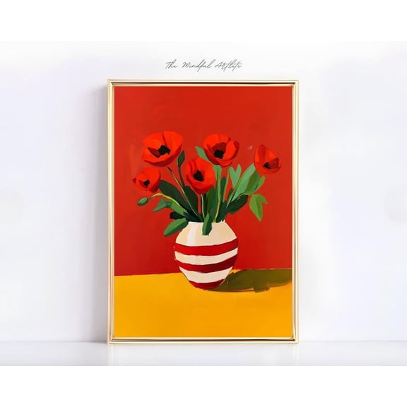 Flower Vase Red Poppies Striped Eclectic Botanical Wall Art Unframed Paper Print