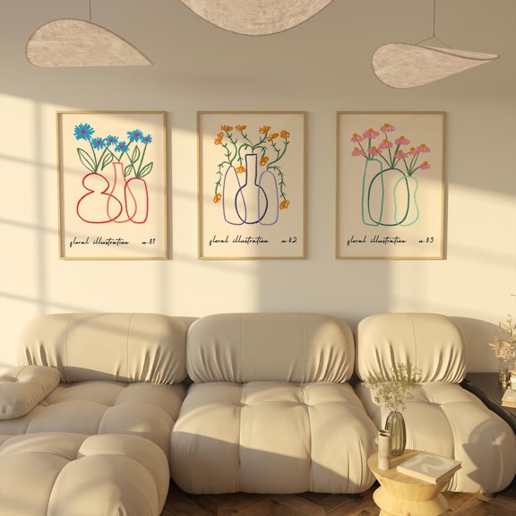 Flower Vase Set Of 3 Wall Art Print With Minimal Line Botanical Decor