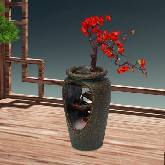 Flower Vase Waterfall Table Top LED Light Water Fountain Indoor FengShui Decor