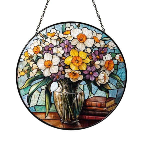 Flower Vase Window Decor – Stained Glass Style Hanging Art1601