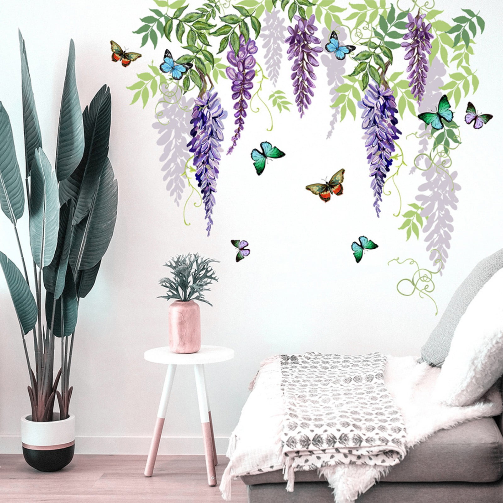 Flower Vines Wall Sticker Decals,Purple Floral Vine Wall Decal for Living Room,Removable Summer