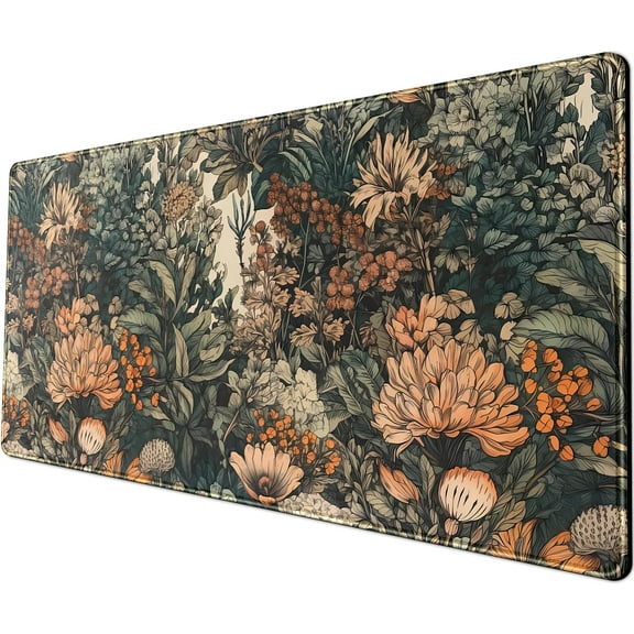 Flower Vintage Desk Pad Aesthetic Desk Mat Flower Mouse Pad Computer Big Mousepad Non-Slip Base Gaming Keyboard Giant Mouse Pad Computer Mat for Laptop Office with Stitched Eges 31.5x11.8 in