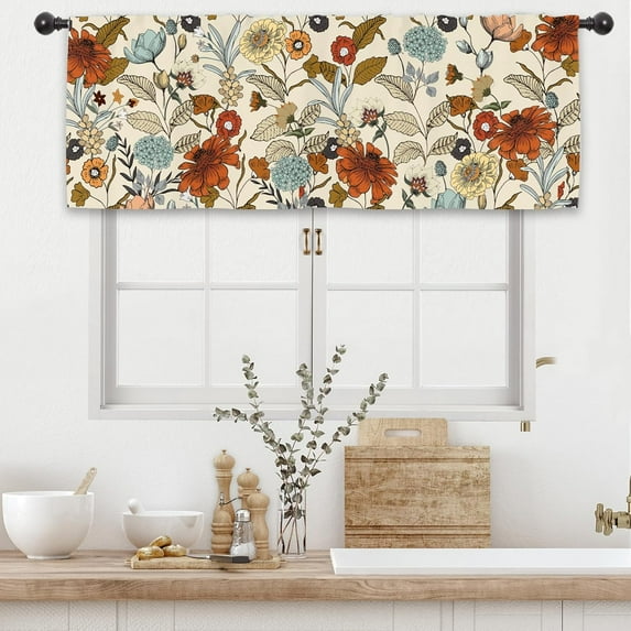 Flower Vintage Kitchen Curtain Valance 54W x 18L Inch Burnt Orange Blossom Botanical Plant Rod Pocket Short Cafe Small Window Treatment Drapes Decor