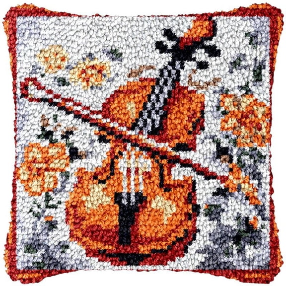 Flower Violin Latch Hook Kits Pillow DIY Rug Cushion Making Kits with preprinted Pattern Canvas Instruction Yarns and Latch Hooking Pillow Cover Easy to Start DIY Home Decor Kits 43x43cm