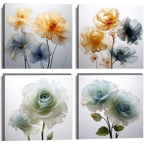 Flower Wall Art for Bathroom Bedroom Living Room Blue Orange Wall Decor Floral Painting Canvas Print Picture for Home Decorations Framed Artwork Ready to Hang (16x16inchx4)