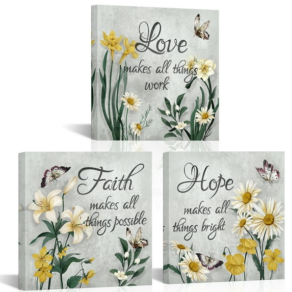 Flower Wall Art for Bedroom Grey and Yellow Butterfly Floral Canvas Paintings Faith Hope Love Quotes Inspirational Pictures Prints Home Farmhouse Bathroom Decor Ready to Hang 12x12inchx3pcs