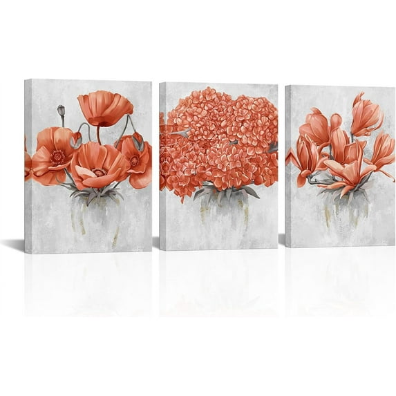 Flower Wall Art Bedroom Wall Decor Floral Decor Art Print Bathroom Living Dining Room Kitchen Decor Pictures, Framed 12inx16inx3Pieces (Burnt Orange)