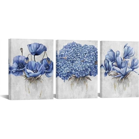 Flower Wall Art Bedroom Wall Decor Floral Decor Art Print Bathroom Living Dining Room Kitchen Decor Pictures, Framed 12inx16inx3Pieces (Deep Blue)