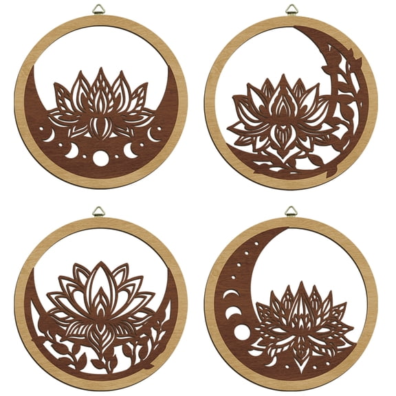 Flower Wall Art Lotus Wall Decor Celestial Body Wall Sculpture Brown Botanical Wood Cut Out Artwork Set of 4 for Living Room Bedroom Office 10X10 In