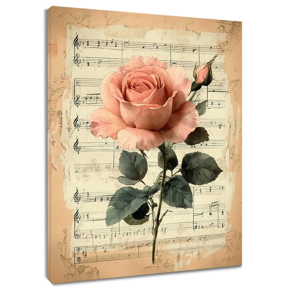 Flower Wall Art Pink Floral Canvas Wall Art Blooming Rose Vintage Yellow Print Poster Artwork Framed Wall Art for Living Room Bedroom Bathroom Home Decor Ready To Hang, 12x16 Inches