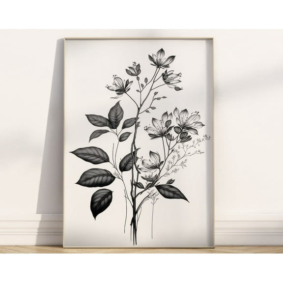 Flower Wall Art Print Black And White Drawing Botanical Boho Gift For Gardener Floral Line-Art Wildflowers Nature Lovers Home Decor Simple Wall Art, Modern Wall Decor, 8x12 UNFRAMED