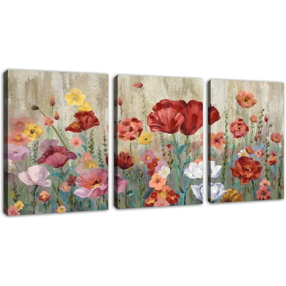 Flower Wall Art Red Blossom Canvas Art Print Modern Yellow Botanic Canvas Pictures Floral Canvas Artwork for Bedroom Living Room Bathroom Kitchen Office Home Wall Decor 12" X 16" X 3 Pieces