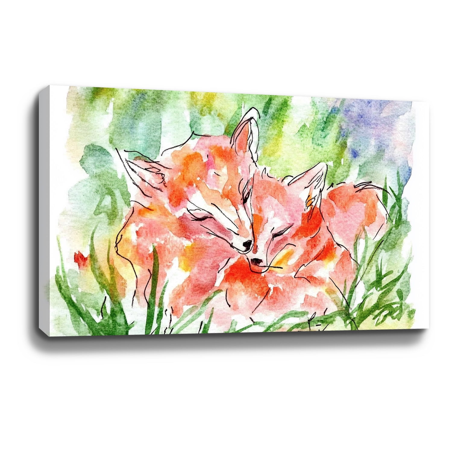 Flower Wall Art Red Foxes Rustic Landscape Floral Canvas Art Wall Decor