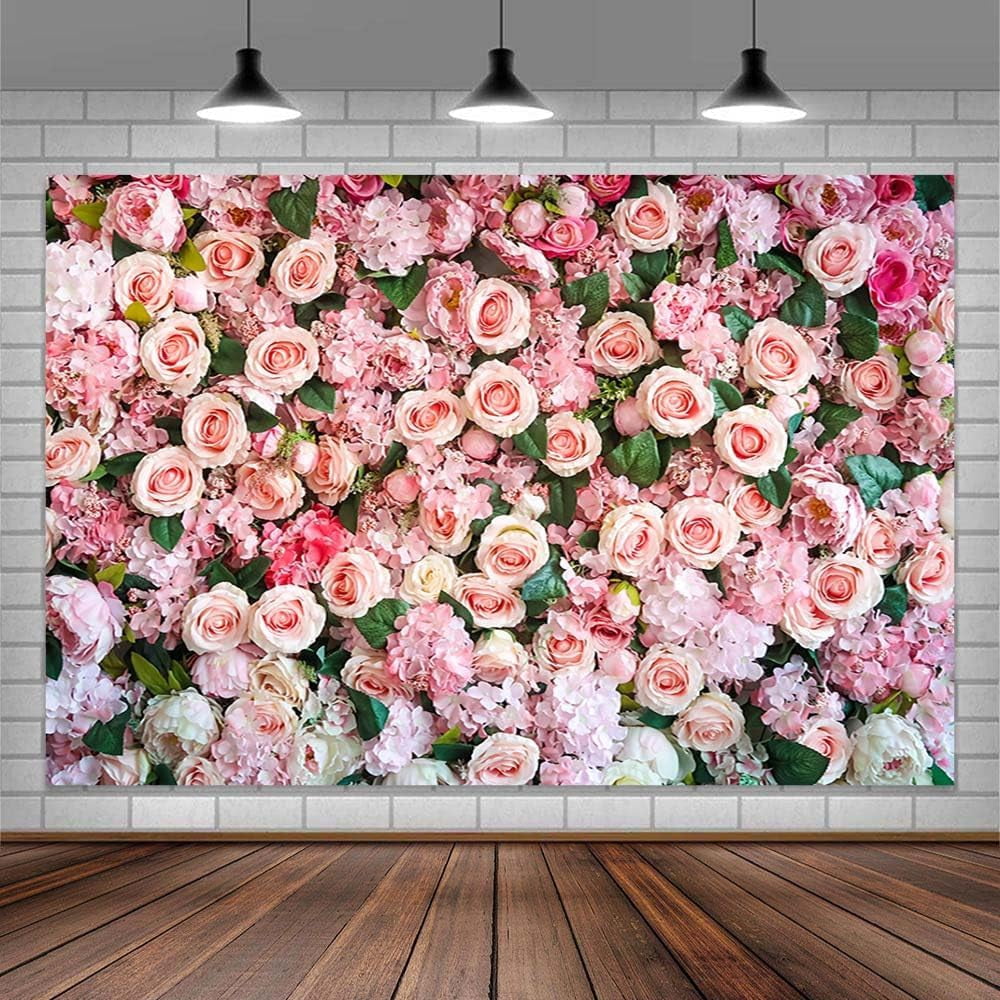 Flower Wall Backdrop Pink Rose Flower Green Leaves Photo Background ...