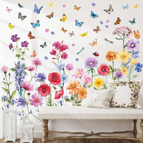 Flower Wall Decals, Colorful Floral Wall Decals, Flower Decals for Walls Butterfly Vinyl Wall Decals Peel and Stick Removable Flower Wall Stickers Art Decor Wall Decals for Girls Bedroom