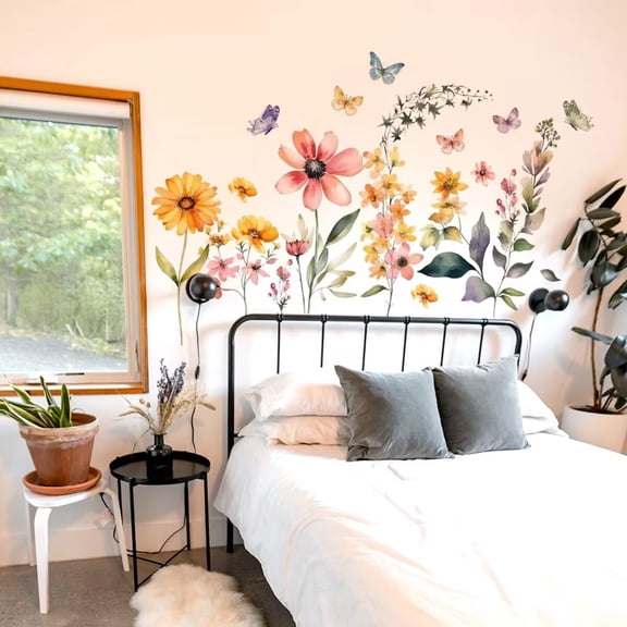 Flower Wall Decals Watercolor Wildflower Grass Butterflies Wall Stickers Peel and Stick Wall Art Decor for Girls Bedroom Living Room Home Office Wall Decor