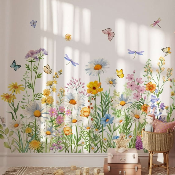 Flower Wall Decals Watercolor Wildflower Grass Butterflies Wall Stickers Peel and Stick Wall Art Spring Summer Decor for Girls Bedroom Living Room Home Office Wall Decor