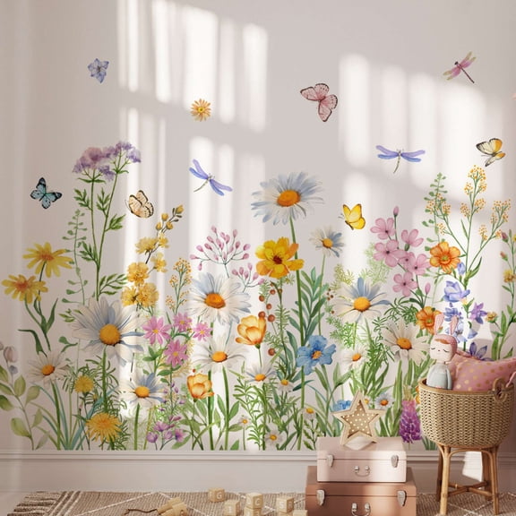 Flower Wall Decals Watercolor Wildflower Grass Butterflies Wall Stickers Peel and Stick Wall Art Spring Summer Decor for Girls Bedroom Living Room Home Office Wall Decor