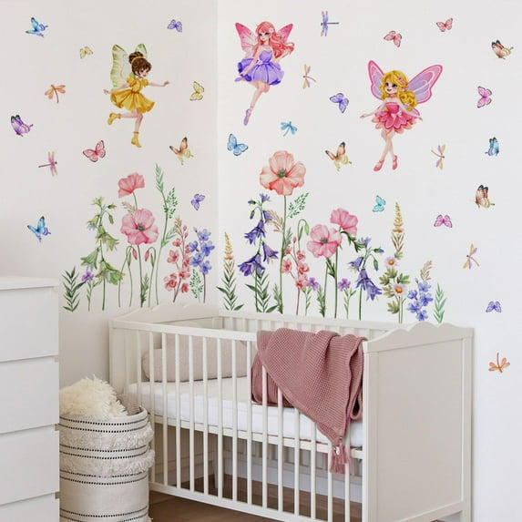 Flower Wall Decals Watercolor Wildflower Grass Butterflies Wall Stickers Peel and Stick Wall Art Spring Summer Decor for Girls Bedroom Living Room Home Office Wall Decor