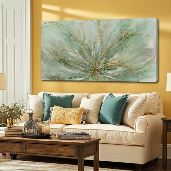 Flower Wall Hanging Green and Gold Print Photos 24"x48" Decorations for Bedroom Contemporary Art Print Kitchen Pictures for Wall