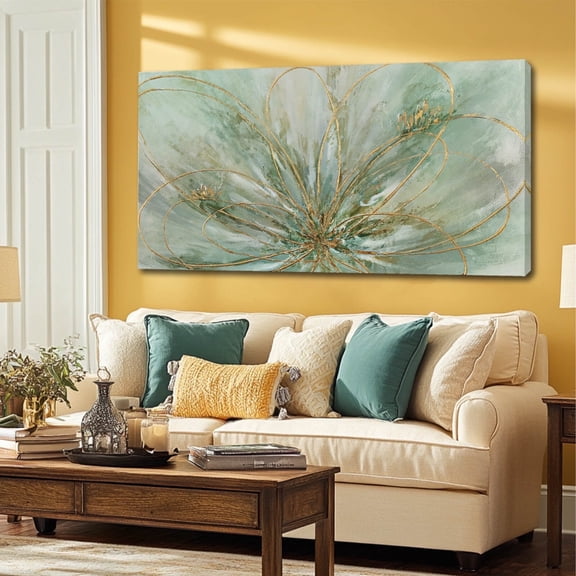 Flower Wall Hanging Green and Gold Print Photos 24"x48" Decorations for Bedroom Contemporary Art Print Kitchen Pictures for Wall