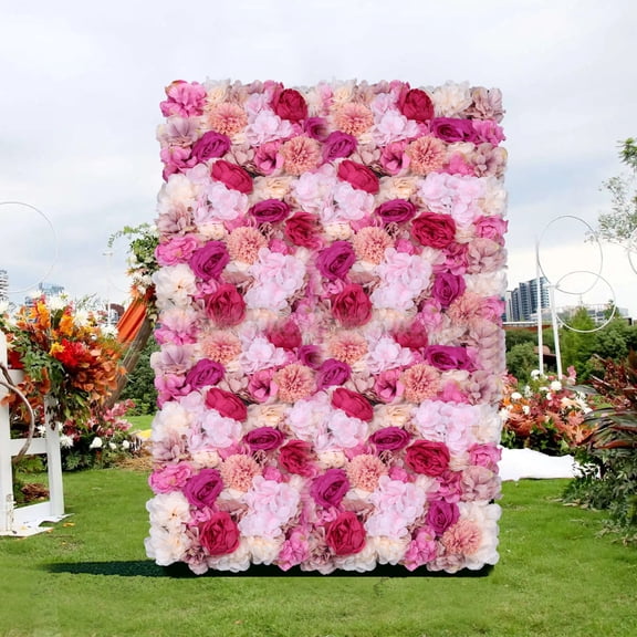 Flower Wall Panel Floral Backdrop, 6 Pcs Silk Rose Artificial Flower Panel Wedding Party Home Decor Fuchsia