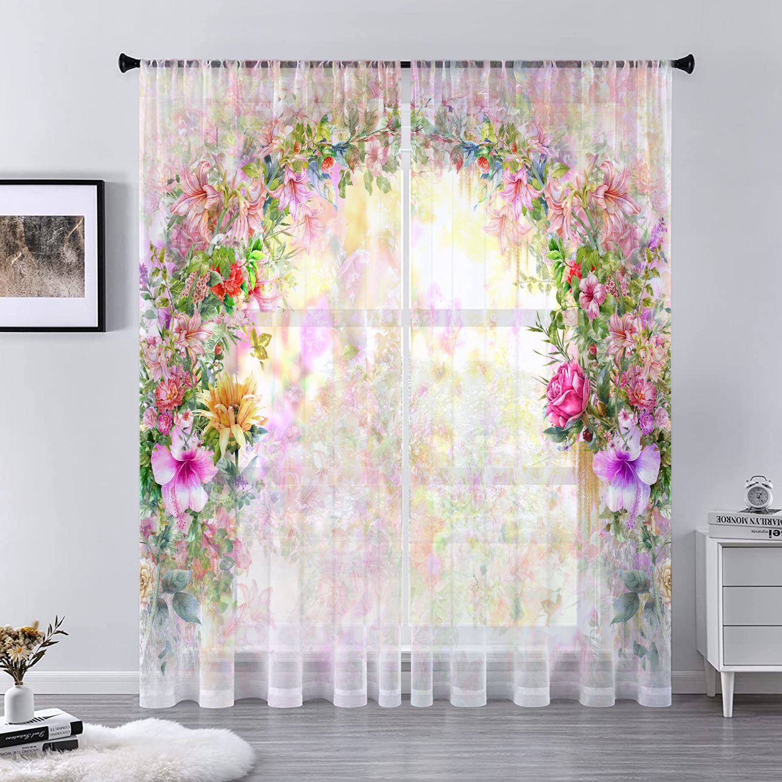 Transparent Rations Flower Wall Sheer Voile Curtains For Living Room Bedroom ration ...