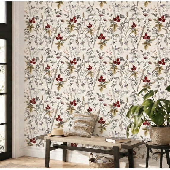 TOARTi Leaves Wallpaper Butterfly Peel and Stick Colorful Floral Vintage Botanical Wall Decal For Bedroom Living Room 17.3in x 9.8ft
