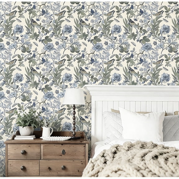 Flower Wallpaper Blue Floral Wallpaper Peel and Stick Bird on The Tree Branch Wall Stick Nature Botanical Wall Decal for Bedroom Living Room 17.3In X 9.8 Ft
