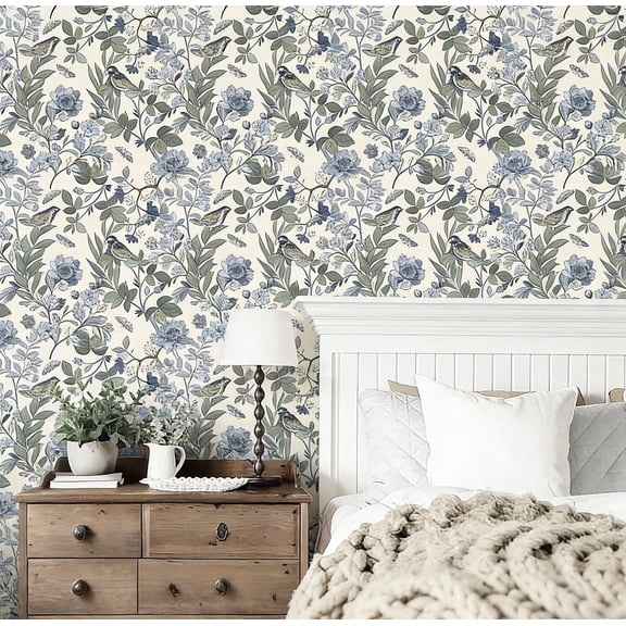 TOARTi Flower Wallpaper Blue Floral Peel and Stick Bird on Tree Branch Nature Botanical Wall Decal For Bedroom Living Room 17.3in x 9.8ft