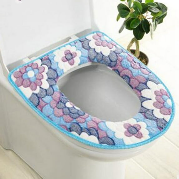 Flower Warm Toilet Cover Seat Lid Top Cover Pad Bathroom Warmer Toilet Seat Bowl Soft Zipper Washable Toilet Seat Cover NEW (blue)
